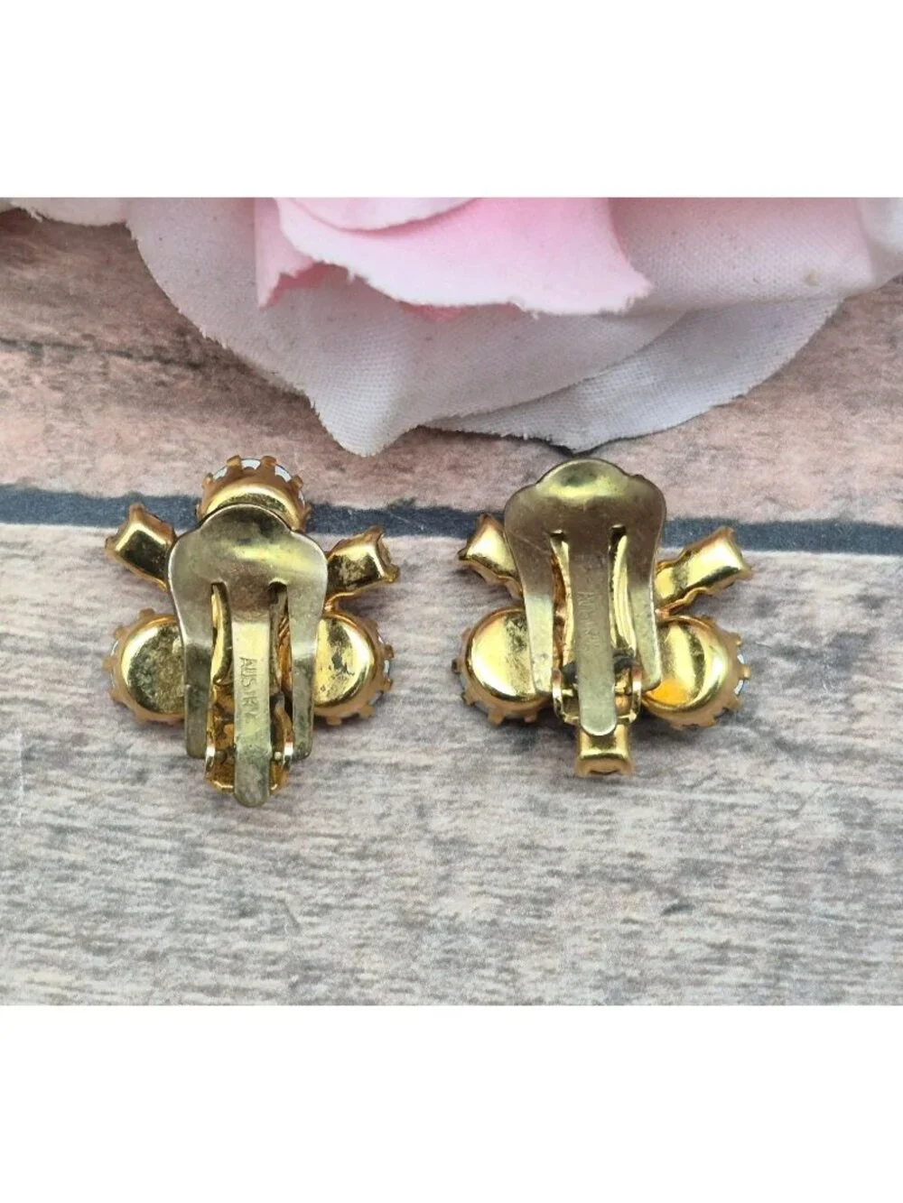 Vintage 50's 60's Signed Austria Green & Blue AB Rhinestone Dainty Clip Earrings